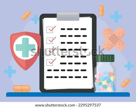 compositional image consists of pills, glass bottle, patches, shield with cross, clipboard with diagnostic test result