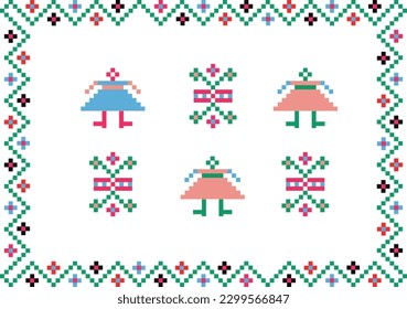 compositional Ukrainian ornament, flowers, people, Ukrainian embroidered shirt, blue, pink, black, green, for postcards, posters