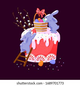 Composición-Torta de Pascua y lindos conejos. Colorida ilustración de la decoración para las vacaciones de Pascua. Imagen vectorial en un fondo marrón.
