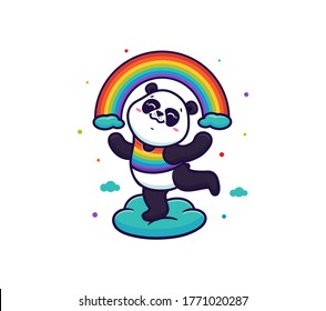 The compositionis a happy Panda dancing on a cloud and holding a rainbow. Funny cartoon character for posters, t-shirt design, logotypes on white background. Vector illustration