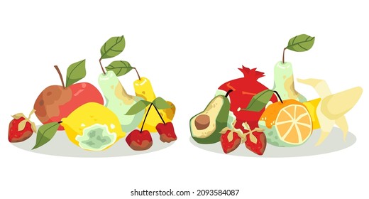 Compositions of assorted old, bad, stale, spoiled rotten fruits in flat vector illustration isolated on white background. Unhealthy, unpleasant, unsanitary food with rot, mold and mildew