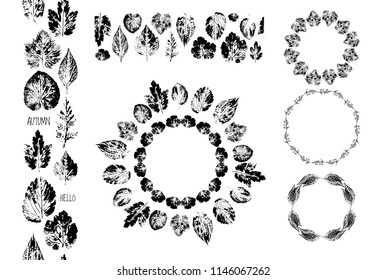 Compositions of autumn leaves. Vertical and horizontal curbs, wreaths. Isolated on white background.
