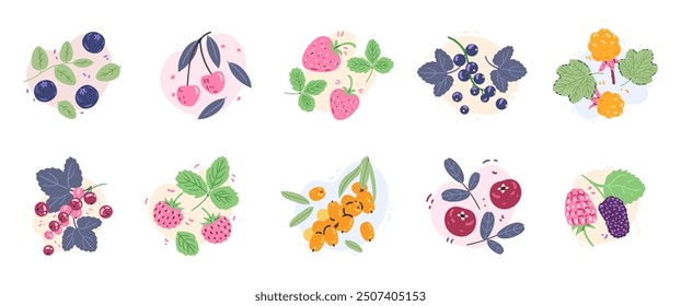 Compositions with berries and leaves vector set. Appetizing labels with berries.