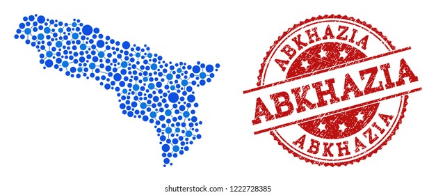 Composiciones de mapa azul de Abjasia y sello grunge rojo. El mapa mosaico de Abjasia se forma con Enlaces entre puntos circulares. Elementos de diseño Abstractas para aplicaciones de red.