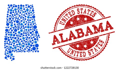 Compositions of blue map of Alabama State and red grunge stamp seal. Mosaic map of Alabama State is formed with connections between round points. Flat design elements for internet projects.