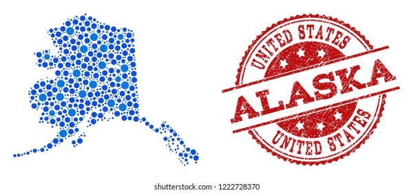 Compositions of blue map of Alaska State and red grunge stamp seal. Mosaic map of Alaska State is designed with relations between round dots. Flat design elements for patriotic projects.