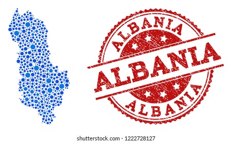 Compositions of blue map of Albania and red grunge stamp seal. Mosaic map of Albania is designed with connections between round dots. Abstract design elements for internet projects.
