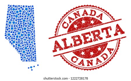Compositions of blue map of Alberta Province and red grunge stamp seal. Mosaic map of Alberta Province is created with links between round dots. Flat design elements for patriotic applications.