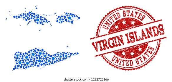 Compositions of blue map of American Virgin Islands and red grunge stamp seal. Mosaic map of American Virgin Islands is composed with links between round dots.