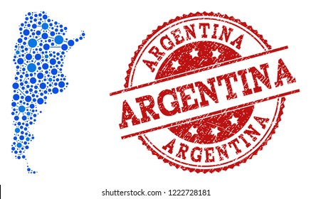 Compositions of blue map of Argentina and red grunge stamp seal. Mosaic map of Argentina is formed with relations between circle points. Flat design elements for network illustrations.