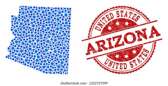 Compositions of blue map of Arizona State and red grunge stamp seal. Mosaic map of Arizona State is composed with relations between circle dots. Abstract design elements for patriotic purposes.