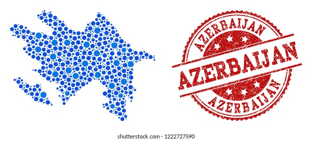 Compositions of blue map of Azerbaijan and red grunge stamp seal. Mosaic map of Azerbaijan is formed with relations between circle points. Abstract design elements for internet illustrations.