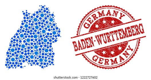 Compositions of blue map of Baden-Wurttemberg State and red grunge stamp seal. Mosaic map of Baden-Wurttemberg State is formed with relations between round points.