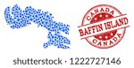 Compositions of blue map of Baffin Island and red grunge stamp seal. Mosaic map of Baffin Island is composed with relations between circle dots. Abstract design elements for political illustrations.