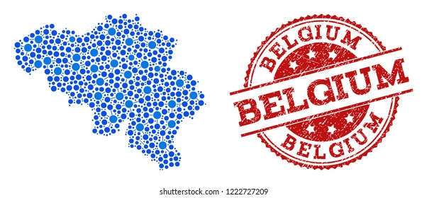 Compositions of blue map of Belgium and red grunge stamp seal. Mosaic map of Belgium is composed with connections between circle dots. Flat design elements for network illustrations.