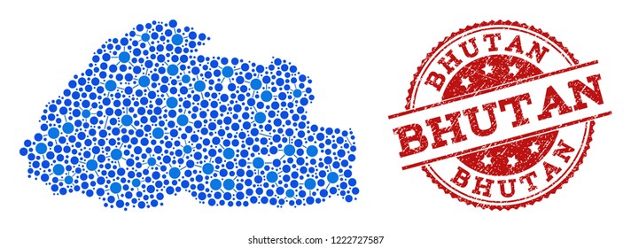 Compositions of blue map of Bhutan and red grunge stamp seal. Mosaic map of Bhutan is formed with links between round dots. Flat design elements for patriotic projects.
