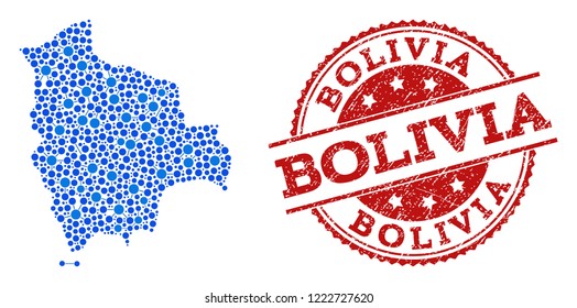 Compositions of blue map of Bolivia and red grunge stamp seal. Mosaic map of Bolivia is created with connections between round points. Abstract design elements for political illustrations.