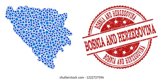Compositions of blue map of Bosnia and Herzegovina and red grunge stamp seal. Mosaic map of Bosnia and Herzegovina is formed with links between circle dots.