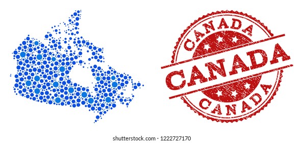 Compositions of blue map of Canada and red grunge stamp seal. Mosaic map of Canada is created with connections between circle points. Flat design elements for patriotic projects.