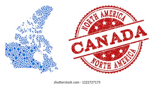 Compositions of blue map of Canada and red grunge stamp seal. Mosaic map of Canada is designed with relations between round dots. Abstract design elements for internet projects.