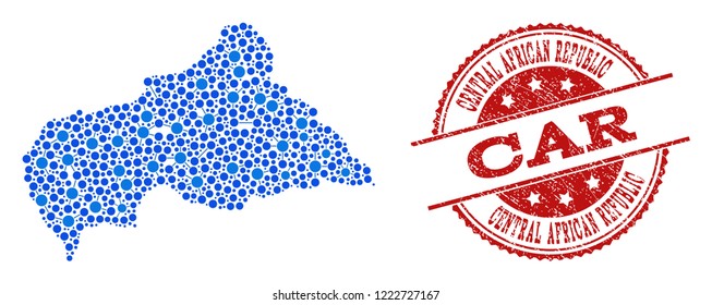 Compositions of blue map of Central African Republic and red grunge stamp seal. Mosaic map of Central African Republic is formed with relations between circle dots.