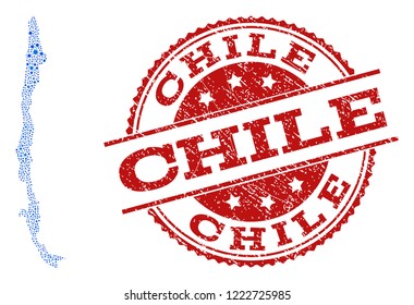 Compositions of blue map of Chile and red grunge stamp seal. Mosaic map of Chile is formed with relations between circle dots. Abstract design elements for political posters.