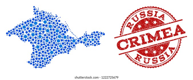 Compositions of blue map of Crimea and red grunge stamp seal. Mosaic map of Crimea is formed with links between round dots. Abstract design elements for patriotic illustrations.