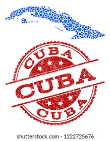 Compositions of blue map of Cuba Island and red grunge stamp seal. Mosaic map of Cuba Island is designed with links between round points. Abstract design elements for network posters.
