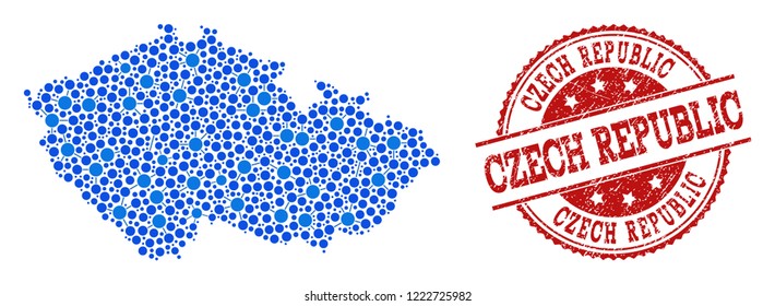 Compositions of blue map of Czech Republic and red grunge stamp seal. Mosaic map of Czech Republic is composed with relations between circle dots. Abstract design elements for network projects.