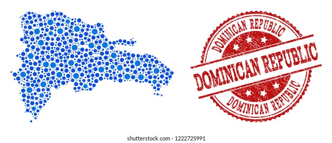 Compositions of blue map of Dominican Republic and red grunge stamp seal. Mosaic map of Dominican Republic is formed with relations between circle dots. Abstract design elements for internet purposes.