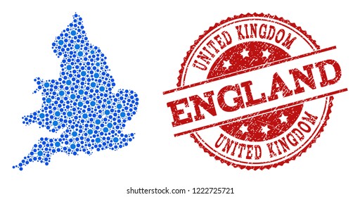 Compositions of blue map of England and red grunge stamp seal. Mosaic map of England is designed with connections between circle dots. Abstract design elements for political applications.