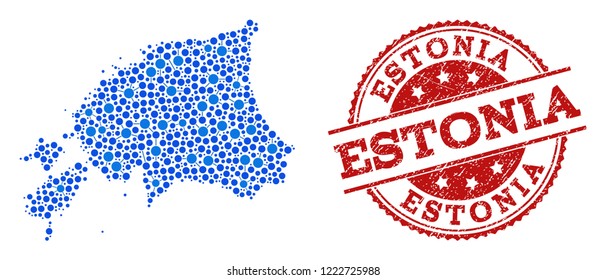 Compositions of blue map of Estonia and red grunge stamp seal. Mosaic map of Estonia is designed with links between circle points. Abstract design elements for internet projects.