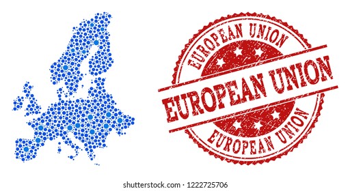 Compositions of blue map of Euro Union and red grunge stamp seal. Mosaic map of Euro Union is composed with connections between round dots. Abstract design elements for network posters.
