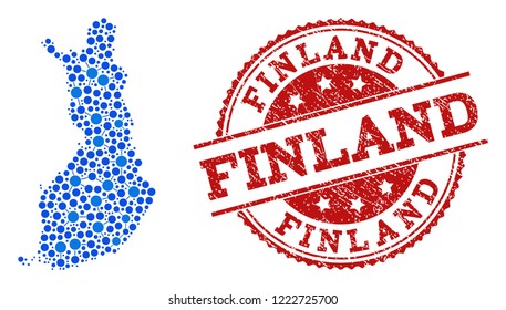 Compositions of blue map of Finland and red grunge stamp seal. Mosaic map of Finland is created with connections between round points. Abstract design elements for political illustrations.