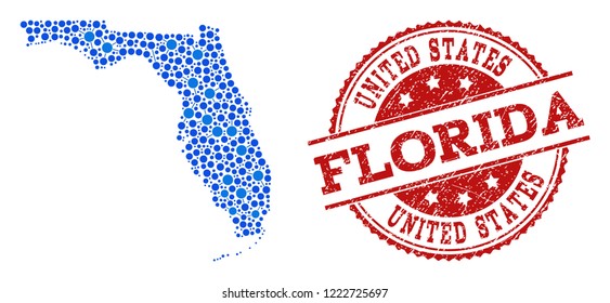 Compositions of blue map of Florida State and red grunge stamp seal. Mosaic map of Florida State is designed with connections between circle points. Abstract design elements for internet applications.