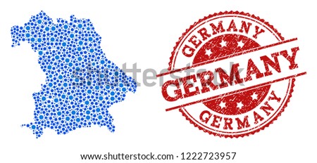 Compositions of blue map of Germany and red grunge stamp seal. Mosaic map of Germany is composed with links between circle dots. Flat design elements for political projects.