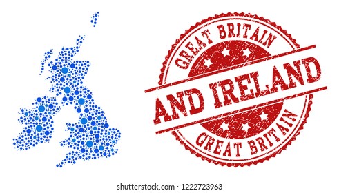 Compositions of blue map of Great Britain and Ireland and red grunge stamp seal. Mosaic map of Great Britain and Ireland is formed with links between circle points.