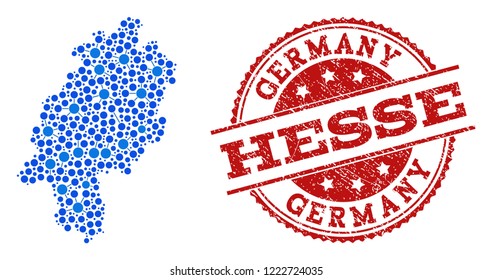 Compositions of blue map of Hesse State and red grunge stamp seal. Mosaic map of Hesse State is formed with links between round points. Flat design elements for political applications.