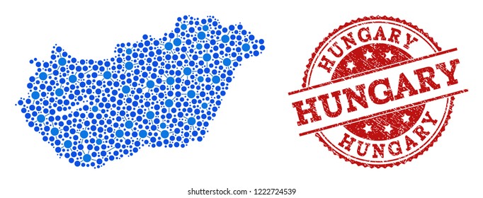 Compositions of blue map of Hungary and red grunge stamp seal. Mosaic map of Hungary is created with links between circle dots. Abstract design elements for political illustrations.