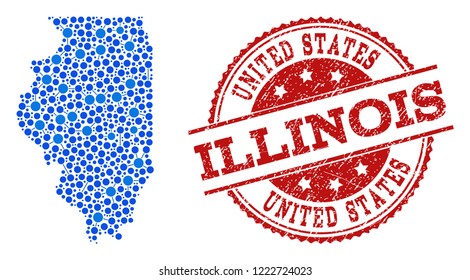 Compositions of blue map of Illinois State and red grunge stamp seal. Mosaic map of Illinois State is composed with links between round dots. Abstract design elements for patriotic projects.