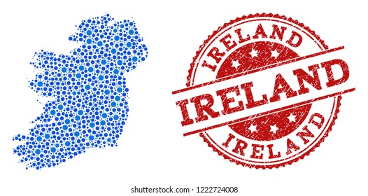 Compositions of blue map of Ireland Island and red grunge stamp seal. Mosaic map of Ireland Island is created with links between circle dots. Flat design elements for political illustrations.