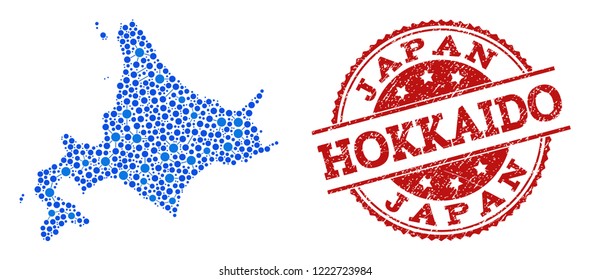 Compositions of blue map of Japanese Hokkaido and red grunge stamp seal. Mosaic map of Japanese Hokkaido is formed with relations between circle points.