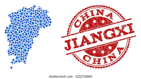 Compositions of blue Map of Jiangxi Province and red grunge stamp seal. Mosaic Map of Jiangxi Province is formed with connections between round points. Abstract design elements for political projects.