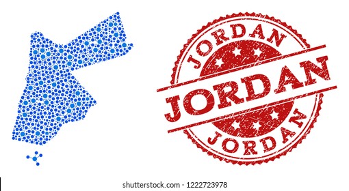 Compositions of blue map of Jordan and red grunge stamp seal. Mosaic map of Jordan is formed with links between round dots. Flat design elements for network posters.
