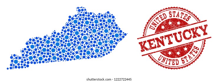 Compositions of blue map of Kentucky State and red grunge stamp seal. Mosaic map of Kentucky State is created with connections between round dots. Flat design elements for patriotic illustrations.