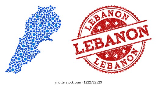 Compositions of blue map of Lebanon and red grunge stamp seal. Mosaic map of Lebanon is designed with connections between round points. Abstract design elements for network illustrations.