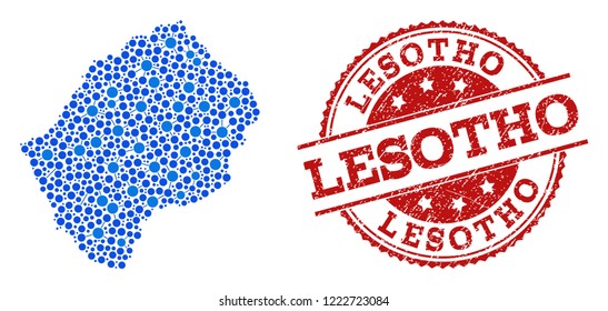 Compositions of blue map of Lesotho and red grunge stamp seal. Mosaic map of Lesotho is created with connections between circle dots. Flat design elements for patriotic illustrations.