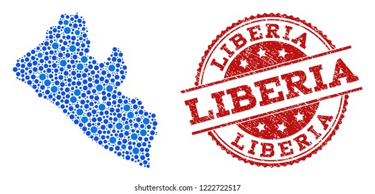Compositions of blue map of Liberia and red grunge stamp seal. Mosaic map of Liberia is composed with links between circle points. Flat design elements for network projects.