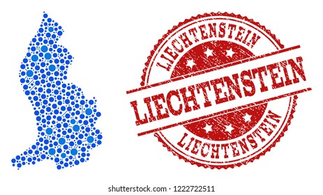 Compositions of blue map of Liechtenstein and red grunge stamp seal. Mosaic map of Liechtenstein is created with connections between circle points. Flat design elements for internet projects.