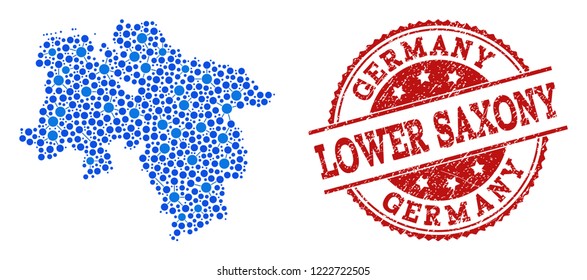 Compositions of blue map of Lower Saxony State and red grunge stamp seal. Mosaic map of Lower Saxony State is composed with relations between round points. Flat design elements for political purposes.